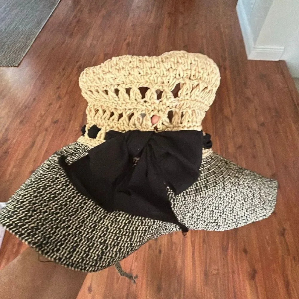 Betmar crochet straw cream black hat with bow beach hat floppy
